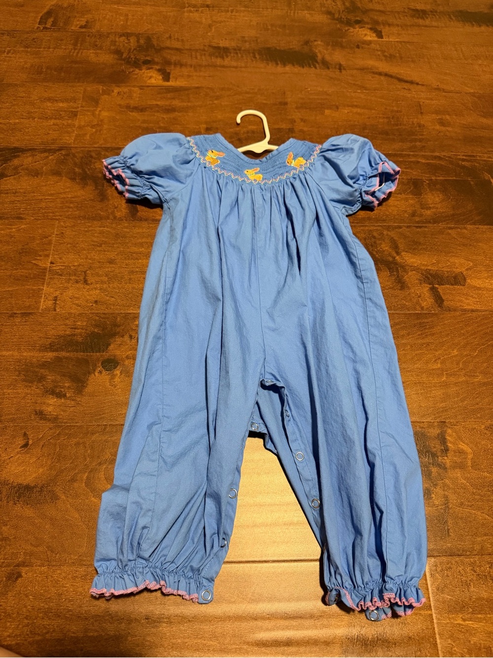 Blue Smocked Puff-Sleeve Kids Romper bunnies